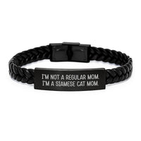 Load image into Gallery viewer, Funny Siamese Cat Mom Gifts - Interlaced Leather Birthday Wristband, &#39;I&#39;m Not A Regular Mom. I&#39;m A Siamese Cat Mom.&#39; Quote, Gifts from Mom to Siamese Cat Lover - Image 1
