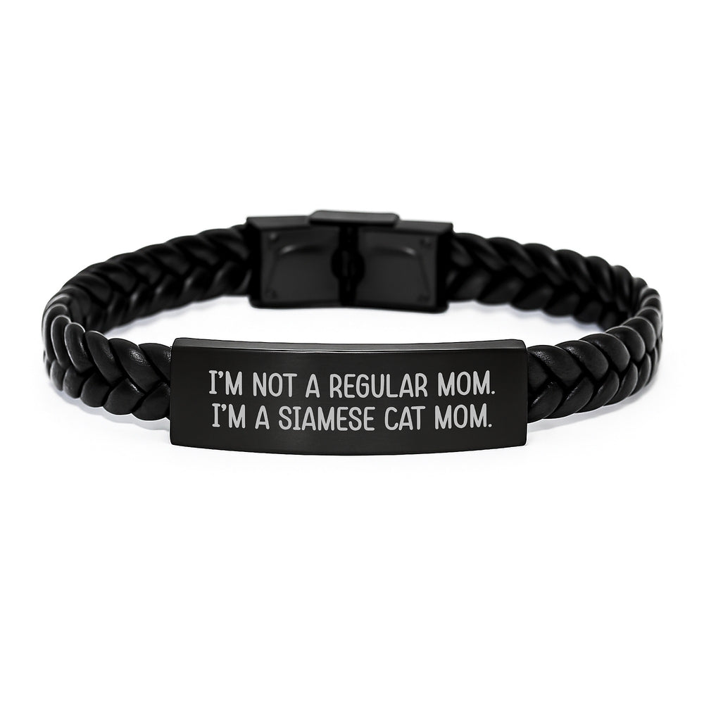 Funny Siamese Cat Mom Gifts - Interlaced Leather Birthday Wristband, 'I'm Not A Regular Mom. I'm A Siamese Cat Mom.' Quote, Gifts from Mom to Siamese Cat Lover - Image 1