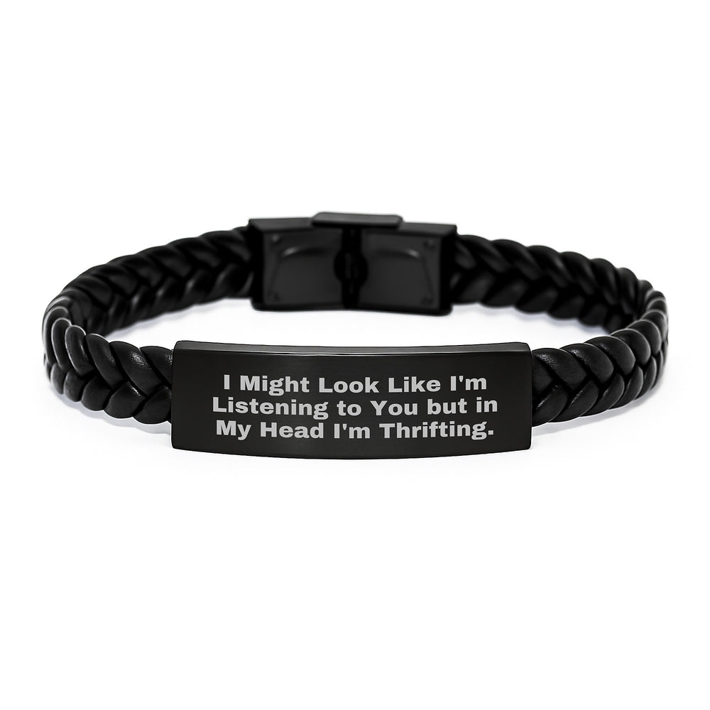 Thrifting Enthusiasts' Delight, Funny Quote Interlaced Leather Bracelet, Gifts from Friends to Thrifting Graduates, 7.87 inches Long, Stainless Steel and PU Leather - Image 1