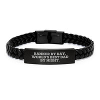 Load image into Gallery viewer, Banker Gifts from Men, Fun Interlaced Leather Bracelet for Dad, 'Banker By Day, World's Best Dad By Night.' Christmas Unique Gift - Image 1