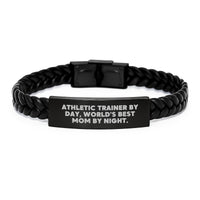 Load image into Gallery viewer, Athletic Trainer Gifts from Mom by Night, Interlaced Leather Graduation Unique Presents for Women, Funny Quote &#39;Athletic Trainer By Day, World&#39;s Best Mom By Night.&#39; - 7.87 inches Long - Image 1
