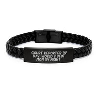 Load image into Gallery viewer, Court Reporter Gifts, Funny Quote Interlaced Leather Bracelet, Gifts from Mom, Christmas Unique Presents for Court Reporters, Court Reporter By Day, World's Best Mom By Night. - Image 1