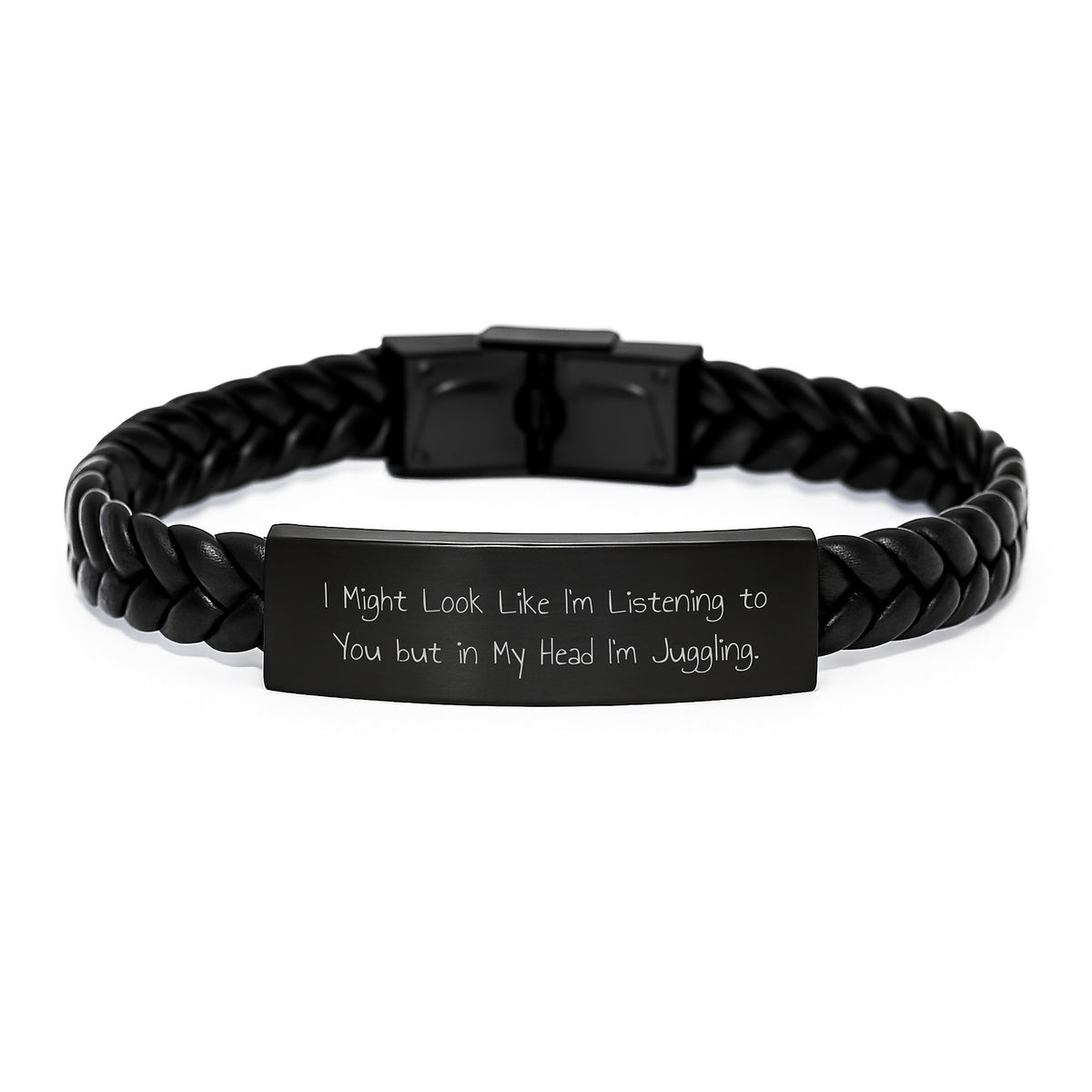 Funny Juggling Gifts for Men from Friends - Interlaced Leather 'I Might Look Like I'm Listening...' Graduation Wristband - Image 1