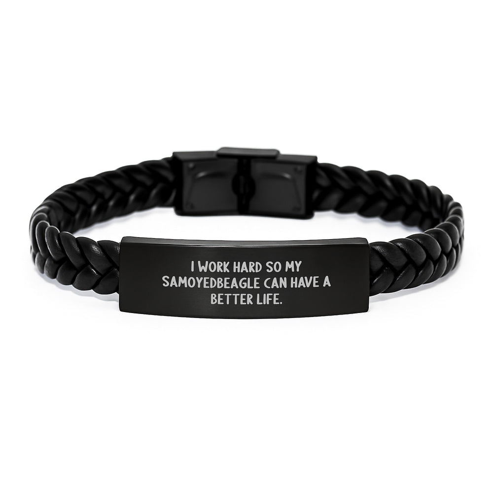 Funny Samoyed Dog Lover Gifts from Men to Friends for Birthday - Interlaced Leather Bracelet with Engraved Stainless Steel - Image 1