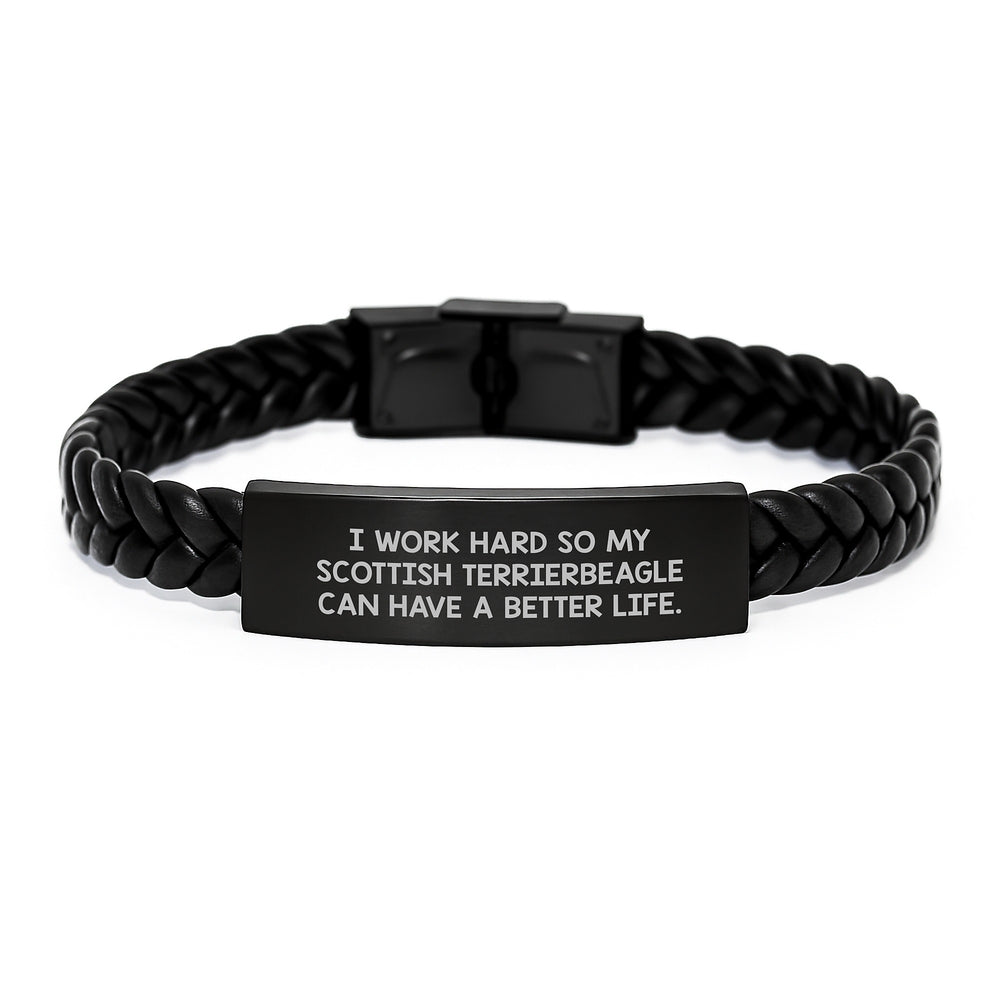 Funny Scottish Terrier Dog Gifts for Men from Friends - 'I Work Hard So My Scottish Terrier Can Have A Better Life' Interlaced Leather Birthday Unique Gifts - Image 1