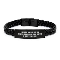 Load image into Gallery viewer, Vizsla Dog Lover&#39;s Inspirational Interlaced Leather Bracelet Gifts from Family for Birthday, &#39;I Work Hard So My Vizslabeagle Can Have A Better Life.&#39; - Men&#39;s Women&#39;s Adjustable 7.87 Inches Long - Image 1
