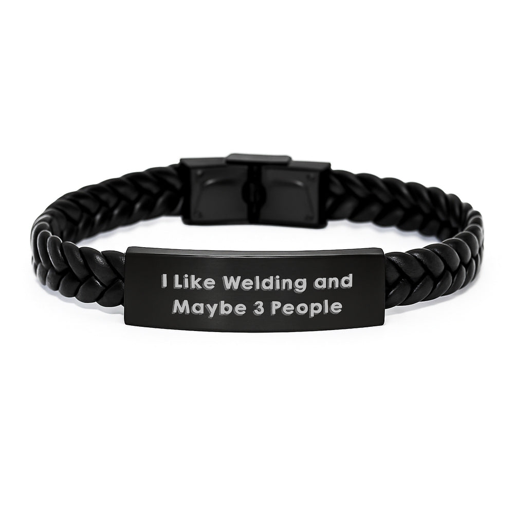 Funny Welding Jewelry Gifts from Friends for Him, Unique Interlaced Leather Bracelet with Stainless Steel Engraved, I Like Welding And Maybe 3 People Engraved - Image 1