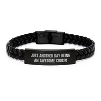 Load image into Gallery viewer, Cousin Birthday Unique Gifts from Family - Interlaced Leather Bracelet, Funny Quote 'Just Another Day Being An Awesome Cousin' for Men - Image 1