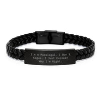 Load image into Gallery viewer, Funny Paralegal Gifts for Him - Interlaced Leather Bracelet Stainless Steel Engraved - Gifts from Men to Coworkers - Unique Christmas Memorable Presents for Paralegal Friends - Image 1
