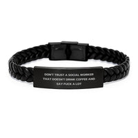 Load image into Gallery viewer, Funny Gifts for Social Workers Men Women Friends, Christmas Unique Gifts, Interlaced Leather Bracelet Engraved with &#39;Don&#39;t Trust a Social Worker&#39; Quote, Gifts from Family Coworkers Friends - Image 1
