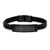 Load image into Gallery viewer, Funny Manager Gifts for Men, Interlaced Leather Bracelet with Stainless Steel, &#39;I&#39;m A Manager My Level Of Sarcasm Depends On Your Level Of Stupidity&#39;, Christmas Unique Gifts from Friends - Image 1
