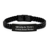 Load image into Gallery viewer, Social Worker Gifts from Friends - Unique Birthday Unique Gifts for Social Worker, Interlaced Leather Bracelet with Funny Quote - Officially The World's Coolest Social Worker - Image 1