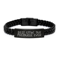 Load image into Gallery viewer, Funny Tax Preparer Gifts for Men from Friends, Birthday Unique Gifts Ideas for Tax Preparer, Interlaced Leather Bracelet with 'Best Effin' Tax Preparer Ever' Quote - Image 1