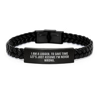 Load image into Gallery viewer, Funny Logger Gifts, Interlaced Leather Bracelet for Men, Engraved Stainless Steel Logger Dad - Image 1