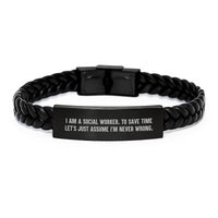 Load image into Gallery viewer, Funny Social Worker Gifts for Her - Mother's Day Unique Interlaced Leather Bracelet from Men with Engraved Stainless Steel - Image 1