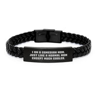 Load image into Gallery viewer, Funny Comedian Mom Gifts for Men, Unique Interlaced Leather Bracelet, Engraved Stainless Steel, Personalized Comedian Mom Graduation Gifts from Family, Friends, Coworkers - Image 1