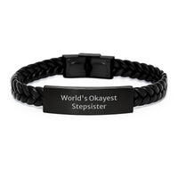 Load image into Gallery viewer, Funny Stepsister Gifts from Friends - 'World's Okayest Stepsister' Interlaced Leather Bracelet for Graduation Unique Gifts - Image 1