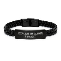 Load image into Gallery viewer, Funny Biologist Gifts for Men - Interlaced Leather Bracelet - 'Keep Calm, I'm (almost) A Biologist.' Graduation Unique Gifts from Friends - Image 1