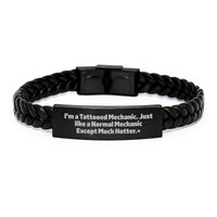 Load image into Gallery viewer, Funny Mechanic Gifts for Men, Women, Friends, Coworkers, and Family - I'm A Tattooed Mechanic Except Much Hotter.+, Interlaced Leather Bracelet, Graduation Unique Gifts from Mechanic - Image 1