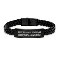Load image into Gallery viewer, Funny Black and White Cat Gifts for Men from Friends, Black and White Cat Interlaced Leather Bracelet with Quote I Like A Handful Of Humans And My Black And White Cat - Image 1