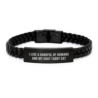 Load image into Gallery viewer, Funny Gray Tabby Cat Gifts for Men Friends - I Like A Handful Of Humans And My Gray Tabby Cat Interlaced Leather Bracelet - Image 1