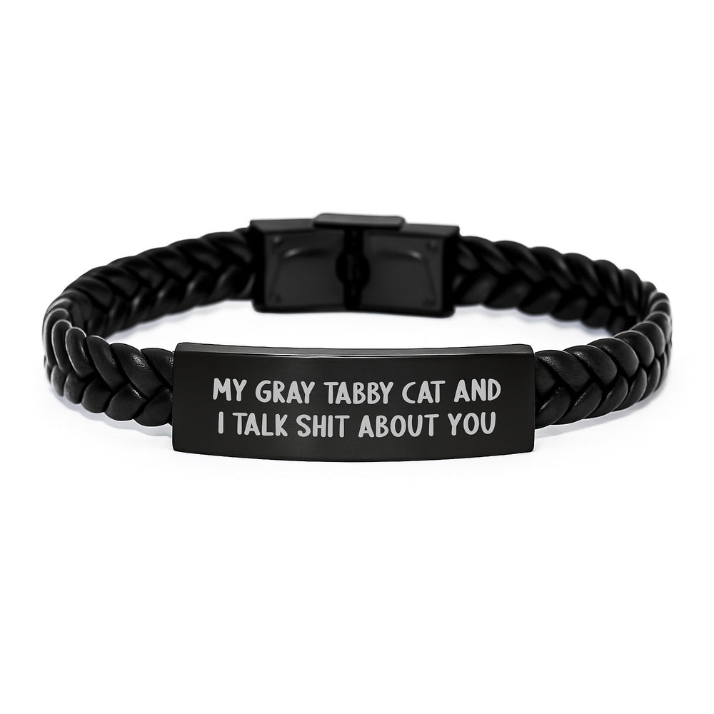 Funny Gray Tabby Cat Gifts for Friends, Gifts from Family to Gray Tabby Cat Lovers, Interlaced Leather Bracelet for Graduation - Image 1