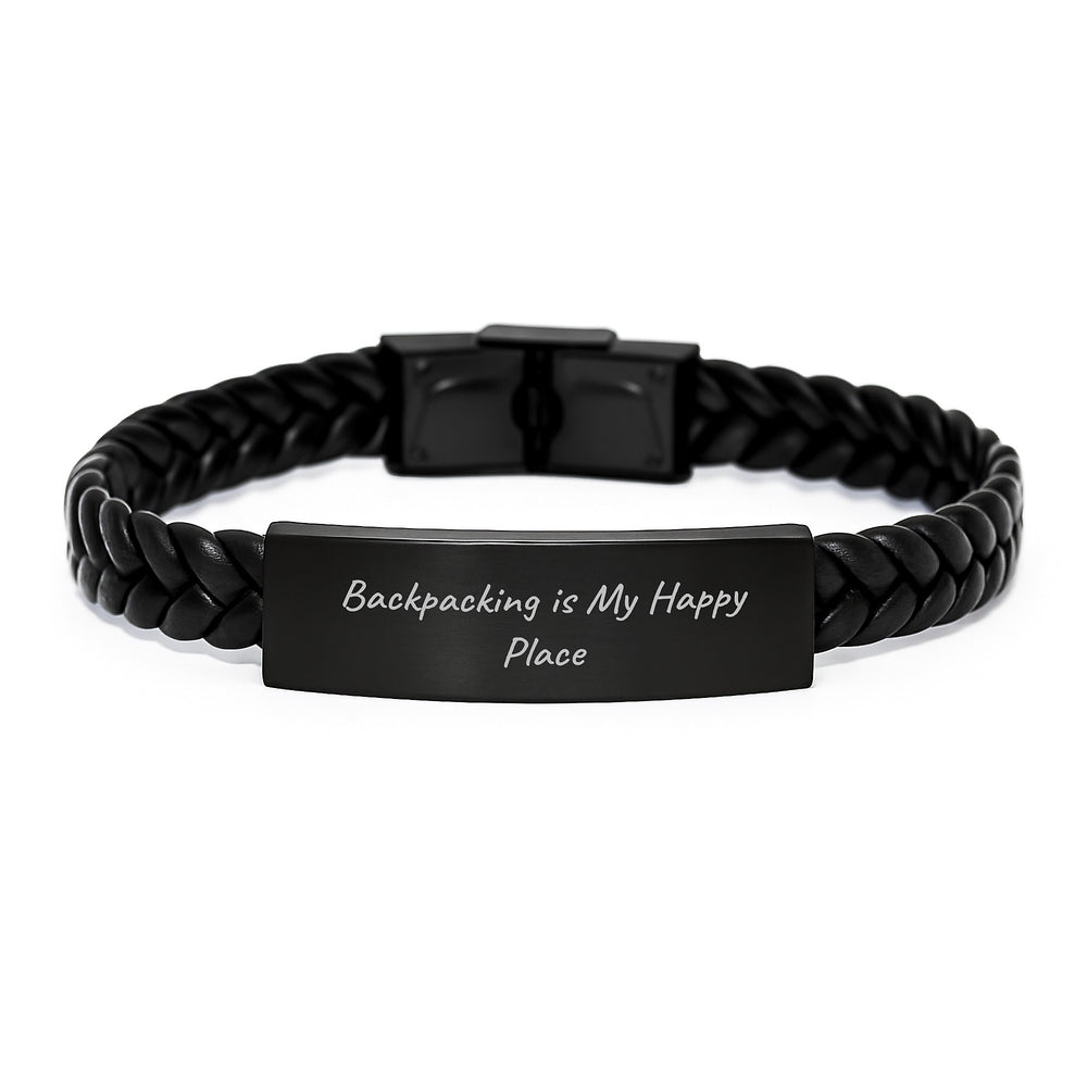 Backpacking Inspirations Gifts from Friends to Men, 'Backpacking Is My Happy Place' Interlaced Leather Bracelet for Men, Graduation Unique Gifts - Image 1