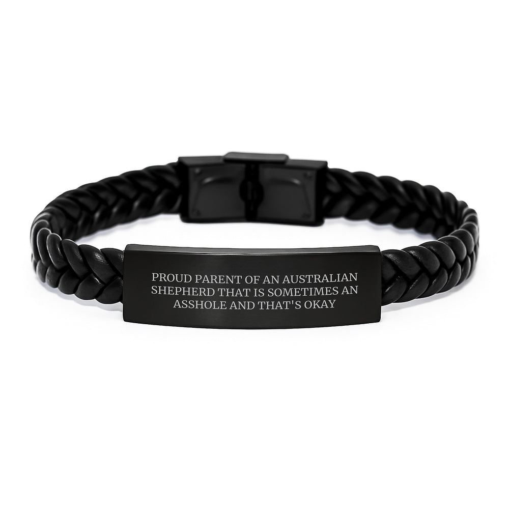 Funny Aussie Shepherd Gifts: 'Proud Parent' Interlaced Leather Bracelet for Australian Shepherd Dog Owners, Graduation Unique Gifts for Men, Women, or Friends from Family - Image 1