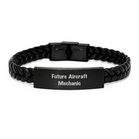 Load image into Gallery viewer, Funny Future Aircraft Mechanic Gifts from Friends Unique Christmas Unique Gifts for Aircraft Mechanic Men Engraved Stainless Steel Interlaced Leather Bracelet - Image 1
