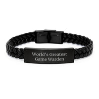 Load image into Gallery viewer, Funny Game Warden Motivational Gifts from Friends and Family - World&#39;s Greatest Game Warden Interlaced Leather Bracelet, Christmas Unique Gifts for Game Wardens, Men, and Hunters - Image 1
