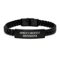Load image into Gallery viewer, Funny Housekeeper Gifts from Friends - World&#39;s Greatest Housekeeper Interlaced Leather Bracelet, Housekeeper Unique Gifts for Men, Women, and Family, Christmas Unique Presents - Image 1

