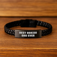 Load image into Gallery viewer, Funny Borzoi Dog Dad Gifts, Unique Birthday Interlaced Leather Bracelet, Stainless Steel and PU Leather, 'Best Borzoi Dad Ever' Quote, Gifts from Dad to Borzoi Dog Lover - Image 2