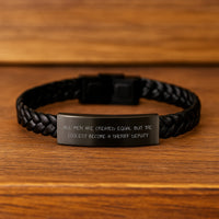 Load image into Gallery viewer, Funny Sheriff Deputy Gifts for Men from Friends, Unique Interlaced Leather Bracelet for Graduation, &#39;All Men Are Created Equal But The Coolest Become A Sheriff Deputy&#39; - Image 2

