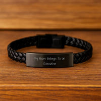Load image into Gallery viewer, Funny Executive Gift for Him, Unique Interlaced Leather Bracelet, 'My Heart Belongs To An Executive' Quote, Birthday Unique Gifts from Men to Executive - Image 2