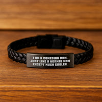 Load image into Gallery viewer, Funny Comedian Mom Gifts for Men, Unique Interlaced Leather Bracelet, Engraved Stainless Steel, Personalized Comedian Mom Graduation Gifts from Family, Friends, Coworkers - Image 2