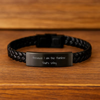 Load image into Gallery viewer, Funny Graduation Unique Gifts for Banker Men from Friends, Interlaced Leather Bracelet with Engraved Stainless Steel, Because I Am The Banker That's Why. - Image 2