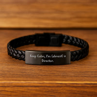 Load image into Gallery viewer, Funny Director Gifts for Men, Gifts from Friends to Director, Interlaced Leather Bracelet, Keep Calm I'm Almost a Director - Image 2