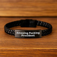 Load image into Gallery viewer, Funny President Gifts, Amazing Interlaced Leather Bracelet, Birthday Unique Presents for Men from Friends, President Quote &#39;Amazing F--king President&#39; on Stainless Steel and PU Leather - Image 2
