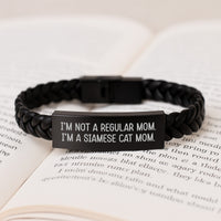 Load image into Gallery viewer, Funny Siamese Cat Mom Gifts - Interlaced Leather Birthday Wristband, &#39;I&#39;m Not A Regular Mom. I&#39;m A Siamese Cat Mom.&#39; Quote, Gifts from Mom to Siamese Cat Lover - Image 3
