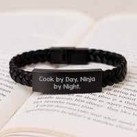 Load image into Gallery viewer, Graduation Unique Gifts for Cook Enthusiasts, 'Cook By Day. Ninja By Night.' Stainless Steel Interlaced Leather Bracelet, Gifts from Men to Women Friends Family - Image 3