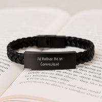 Load image into Gallery viewer, Connecticut Gifts for Him, Funny Interlaced Leather Bracelet, 'I'd Rather Be In Connecticut' Quote, Gifts from Men to Friends, Unique Graduation Unique Gifts - Image 3
