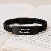 Load image into Gallery viewer, Funny Quote for Reporter - Gifts from Friends for Christmas Unique Gifts, Certified Reporter Leather Bracelet, Interlaced Leather Style, Men's Reporter Gifts - Image 3