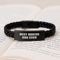 Load image into Gallery viewer, Funny Borzoi Dog Dad Gifts, Unique Birthday Interlaced Leather Bracelet, Stainless Steel and PU Leather, 'Best Borzoi Dad Ever' Quote, Gifts from Dad to Borzoi Dog Lover - Image 3