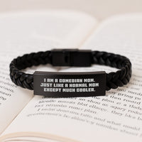 Load image into Gallery viewer, Funny Comedian Mom Gifts for Men, Unique Interlaced Leather Bracelet, Engraved Stainless Steel, Personalized Comedian Mom Graduation Gifts from Family, Friends, Coworkers - Image 3