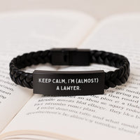 Load image into Gallery viewer, Funny Lawyer Gifts, Interlaced Leather Bracelet for Men Graduation, Keep Calm I'm Almost a Lawyer - Gifts from Family for Lawyer - Image 3