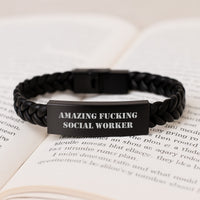 Load image into Gallery viewer, Social Worker Gifts from Friends, 'Amazing F--king Social Worker' Interlaced Leather Bracelet for Graduation Unique Gifts for Social Worker Men - Image 3