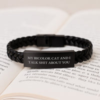 Load image into Gallery viewer, Funny Bicolor Cat Gifts for Men, Women, Friends - Interlaced Leather Bracelet with Quote 'My Bicolor Cat And I Talk Shit About You' - Graduation Unique Gifts from Family, Coworkers - Image 3