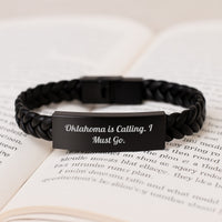 Load image into Gallery viewer, Oklahoma Gifts for Men and Women, Interlaced Leather Bracelet, 'Oklahoma Is Calling. I Must Go.' Funny Quote, Stainless Steel and PU Leather, Gifts from Friends or Family for Graduation Unique Gifts - Image 3