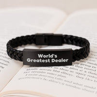 Load image into Gallery viewer, World&#39;s Greatest Dealer Funny Quote Interlaced Leather Bracelet, Gifts from Family to Dealer, Unique Christmas Unique Gifts for Dealer - Image 3
