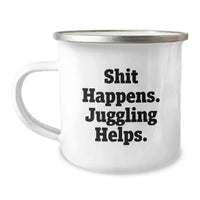 Load image into Gallery viewer, Funny Juggling Gifts for Men, Unique Christmas Unique Gifts from Friends, Enamel Camping Mug with Juggling Quote - 'Shit Happens. Juggling Helps.' - Image 1
